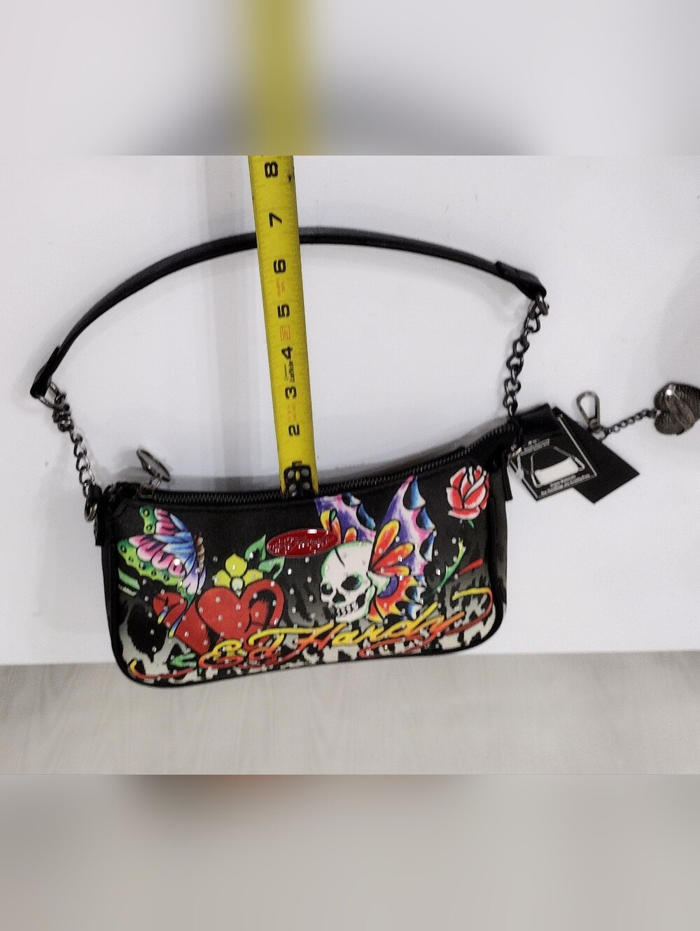 Ed Hardy Black Shoulder Bag with Multicolor Skull & Butterfly Art - Picture 5 of 13